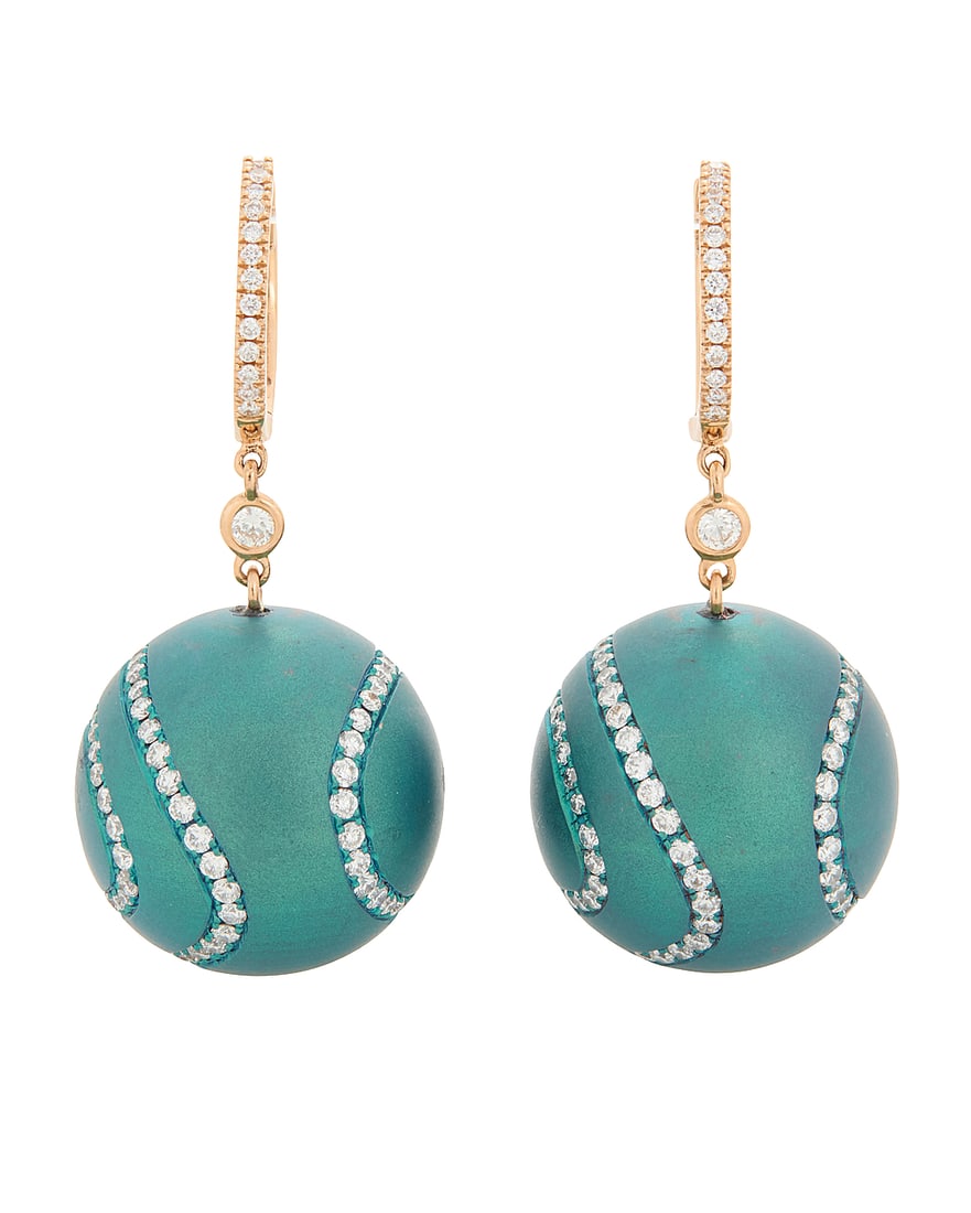 Alexis NY: A Pair of Titanium, 18K Rose Gold and Diamond Earrings Featuring a dangling sphere: Alexis NY: A Pair of Titanium, 18K Rose Gold and Diamond Earrings Featuring a dangling sphere design in teal titanium, accented by swirls of round diamonds weighing approximately 1.31 carats, signed A