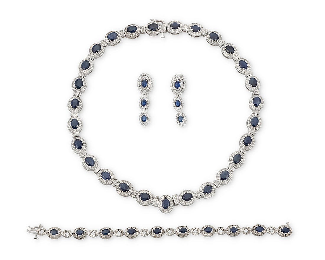 A 14K White Gold, Sapphire and Diamond Suite Comprising a necklace, bracelet, and pair of (1 of 3)