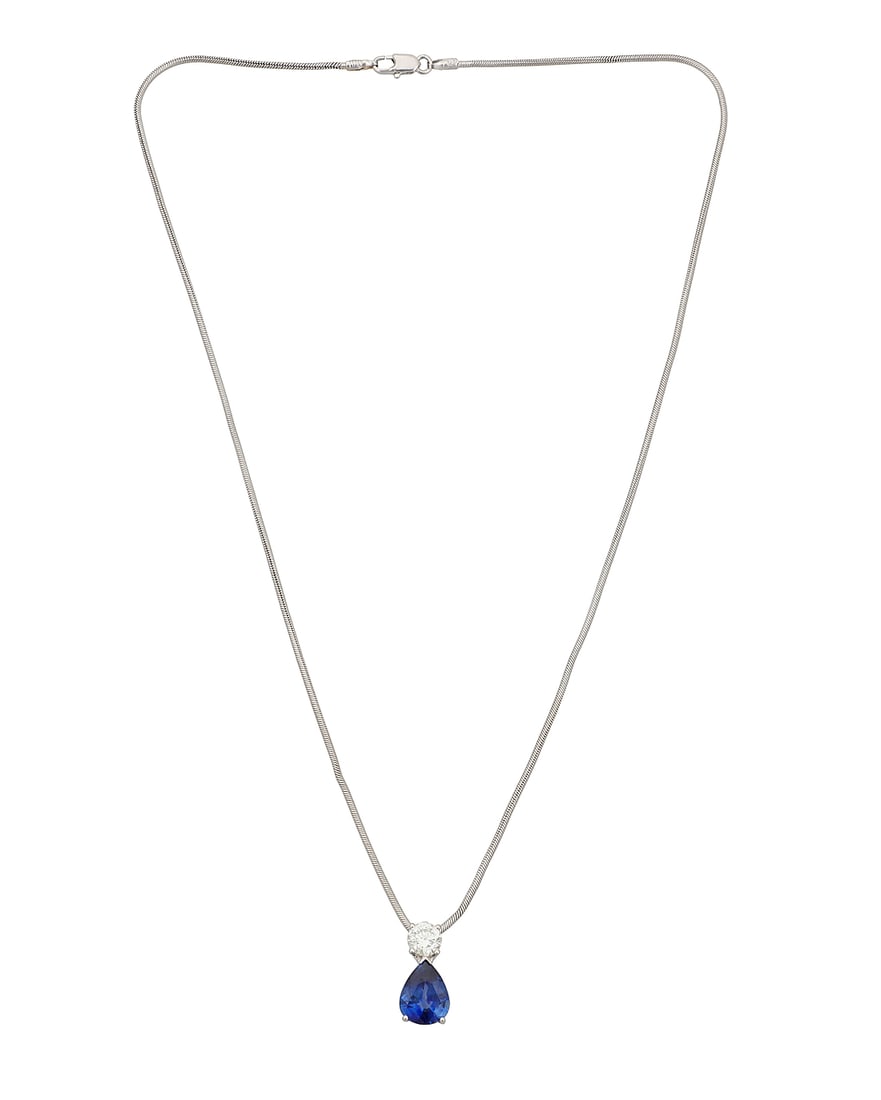 An 18K White Gold, Sapphire and Diamond Necklace Including a snake chain suspending a pendant (1 of 4)