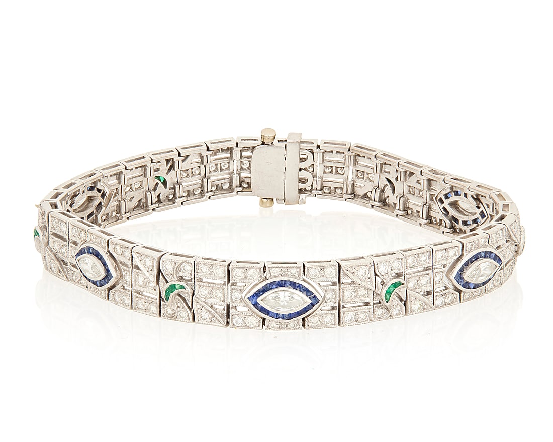 An 18K White Gold, Diamond And Gem-Set Bracelet Of a geometric link design centering five (1 of 3)