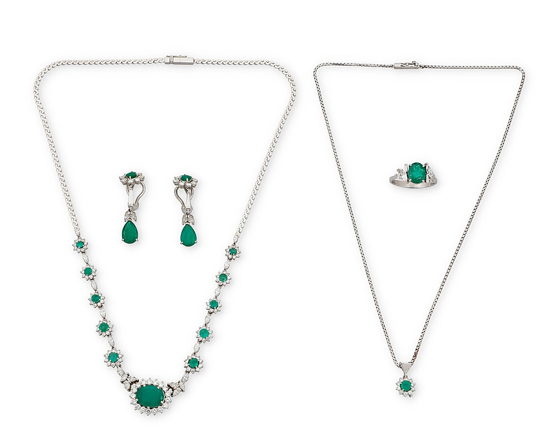 A Group of 18K White Gold, Platinum, Diamond and Emerald Jewelry Including two necklaces, one: A Group of 18K White Gold, Platinum, Diamond and Emerald Jewelry Including two necklaces, one ring, one pair of earrings, centering oval, pear-shaped and round emeralds weighing approximately 11.36 ca