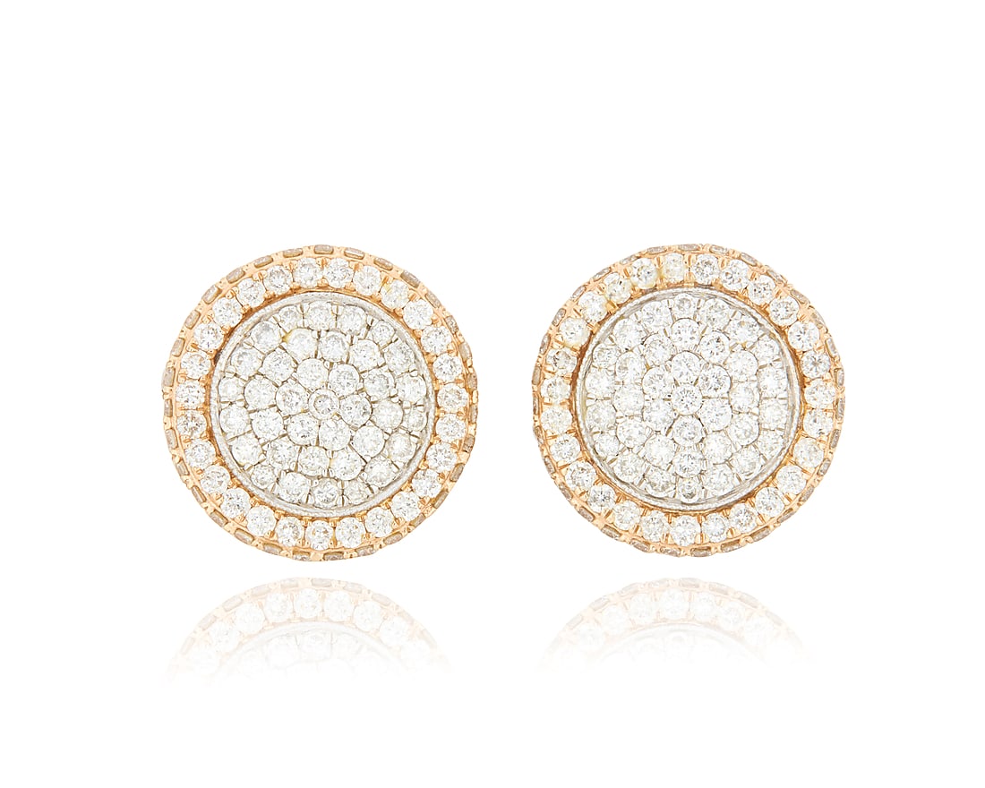 A Pair of 14K Bi-Color Gold and Diamond Earrings Of a circular pavé-set diamond button design, (1 of 3)