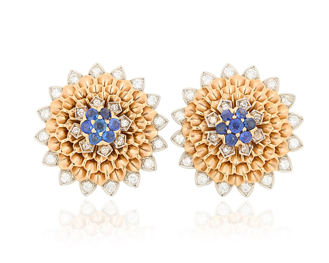 Cartier: A Pair of 14K Bi-Color Gold, Sapphire and Diamond Earrings Of a blossoming floral design (1 of 4)