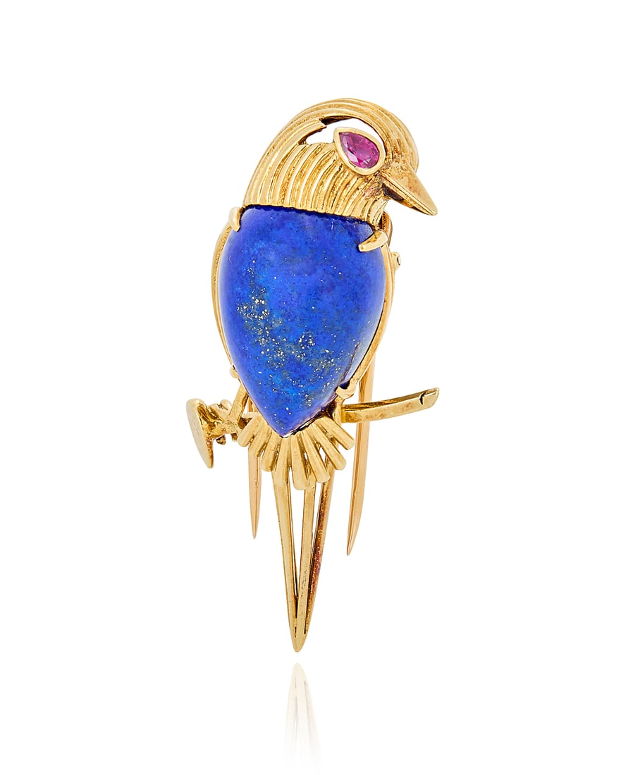 Cartier: An 18K Gold, Lapis Lazuli and Ruby Pin Featuring a bird sitting on a branch set with a (1 of 3)