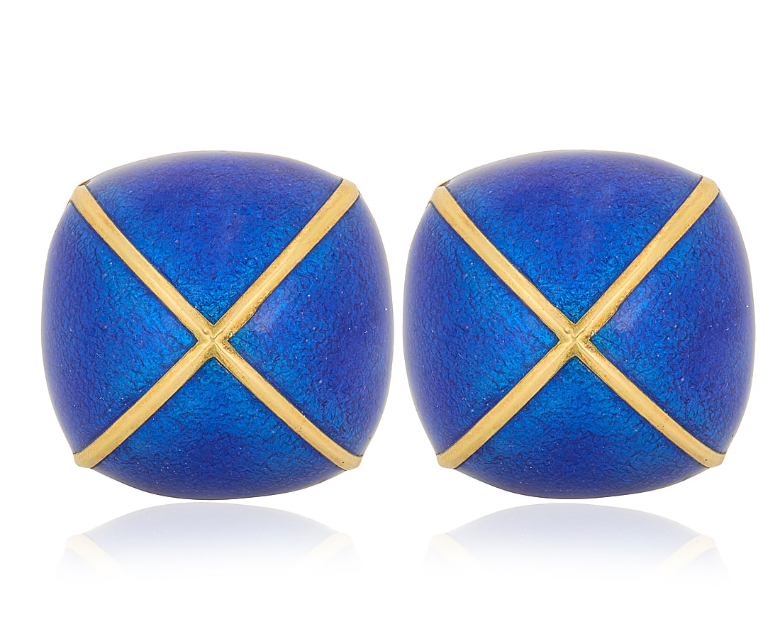 David Webb: A Pair of 18K Gold and Blue Enamel Earrings Of a domed crisscross design accented by: David Webb: A Pair of 18K Gold and Blue Enamel Earrings Of a domed crisscross design accented by red enamel, signed Webb, CC48, style number 23365E, with Certificate of Authenticity 2 pieces Measures: