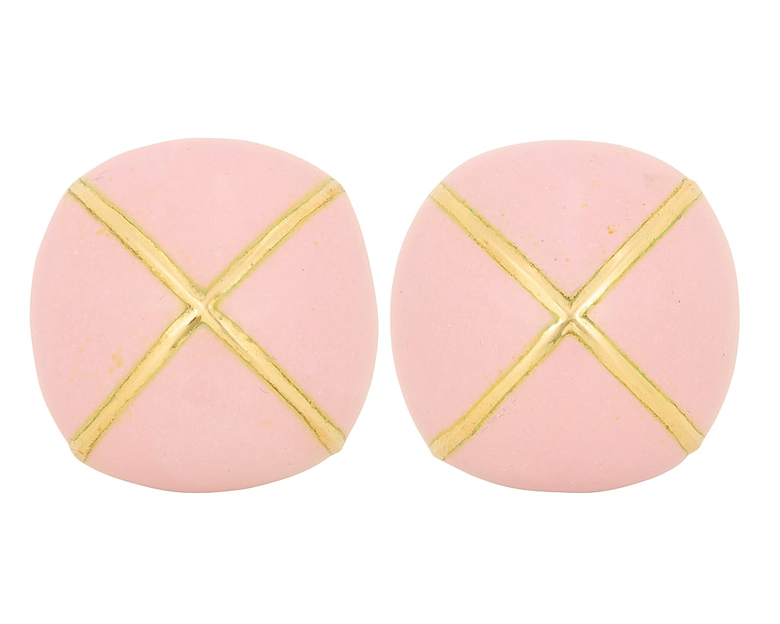 David Webb: A Pair of 18K Gold and Pink Enamel Earclips Of a domed crisscross design accented by (1 of 4)