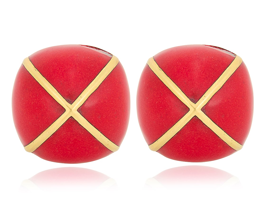 David Webb: A Pair of 18K Gold and Red Enamel Earclips Of a domed crisscross design accented by: David Webb: A Pair of 18K Gold and Red Enamel Earclips Of a domed crisscross design accented by red enamel, signed Webb, style number 23365E, with Certificate of Authenticity 2 pieces Measures: 1 x 1 