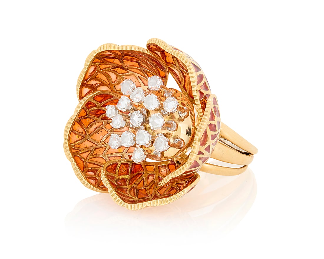An 18K Gold, Plique-à-Jour Enamel and Diamond Ring Featuring five petals in a blossoming design: An 18K Gold, Plique-à-Jour Enamel and Diamond Ring Featuring five petals in a blossoming design accented by orange plique-a-jour enamel, centering fifteen rose-cut diamonds weighing approximately 1.5