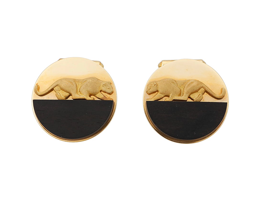 Gallen Benson: A Pair of 18K Gold and Wood Cufflinks Of a circular design featuring half round (1 of 3)