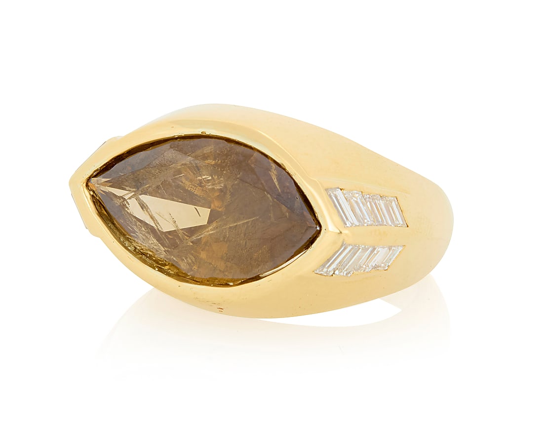 David Webb: An 18K Gold, Colored Diamond and Diamond Ring Centering a marquise-shaped brown (1 of 4)