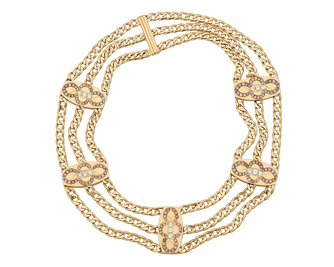 Boucheron: An 18K Gold and Colored Diamond Necklace Featuring three Cuban link chains accented by (1 of 4)