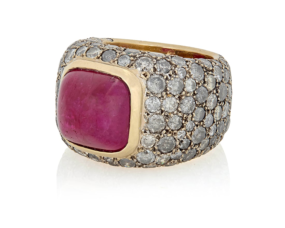 Verney: An 18K Bi-Color Gold, Ruby and Colored Diamond Ring Centering a sugarloaf cabochon ruby (1 of 3)
