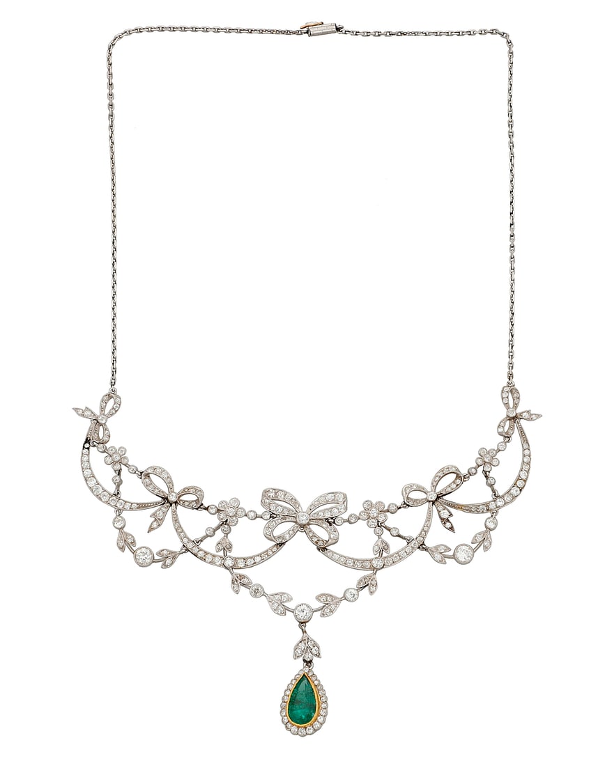 A Platinum, 18K Gold, Emerald and Diamond Necklace Of a bunting design accented by bow motifs, set (1 of 4)