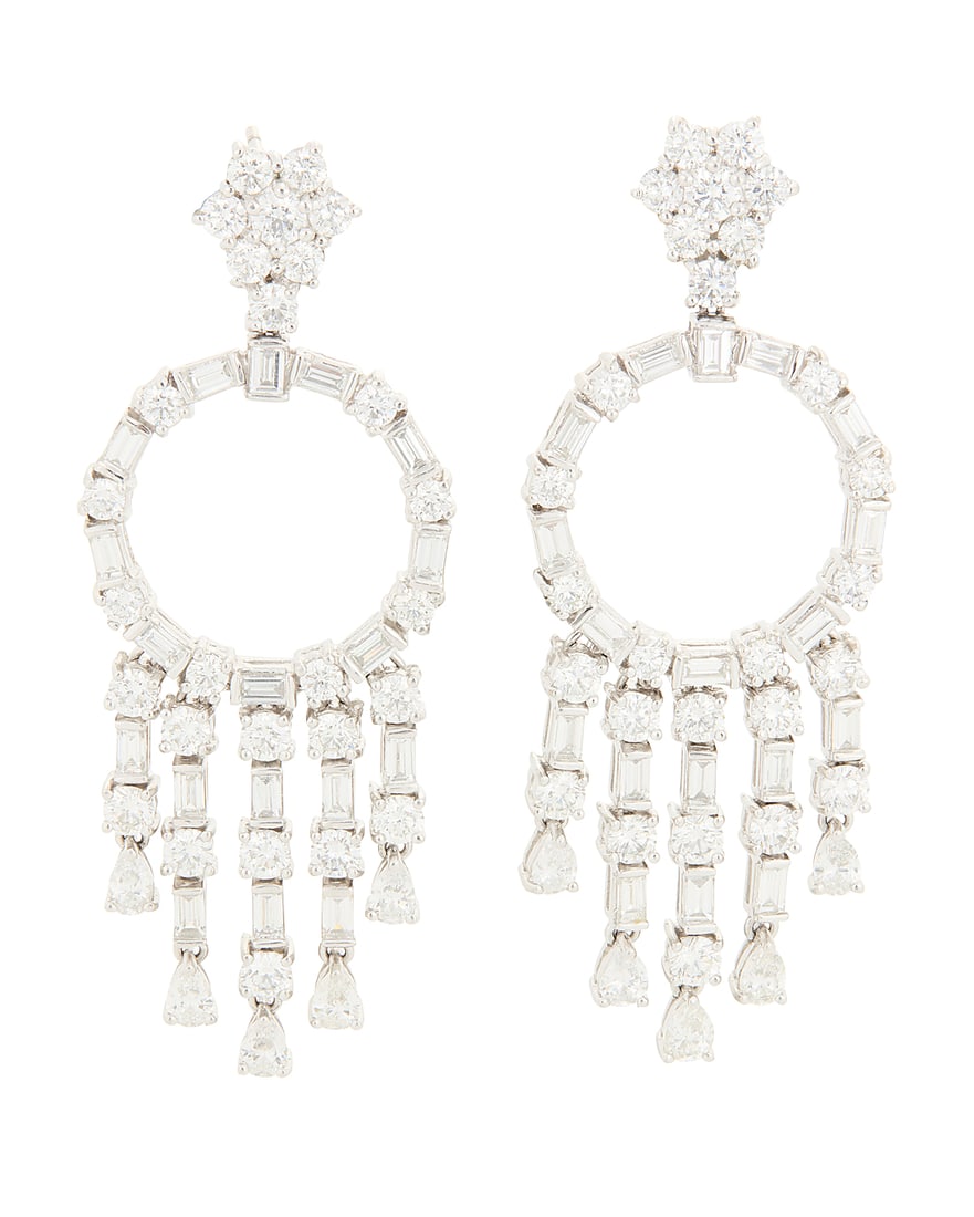 A Pair of Platinum and Diamond Earrings Of an open ring and fringe design, set with alternating (1 of 3)
