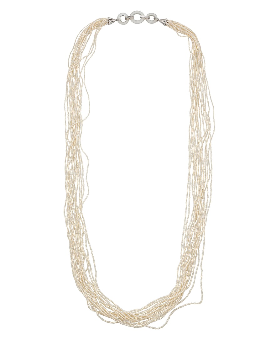 An 18K White Gold, Seed Pearl and Diamond Necklace Featuring fourteen strands of seed pearl beads, (1 of 3)