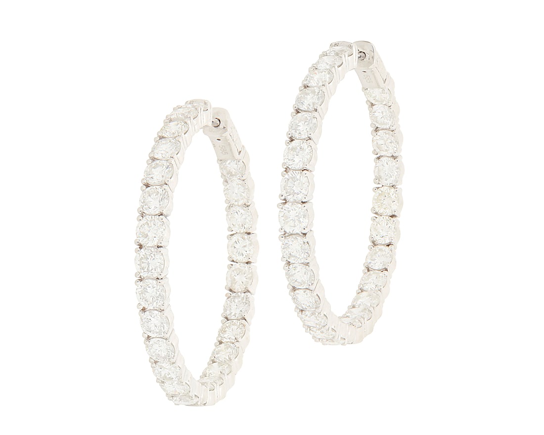 A Pair of 14K White Gold and Diamond Hoop Earrings Of a hoop design featuring fifty round diamonds (1 of 3)