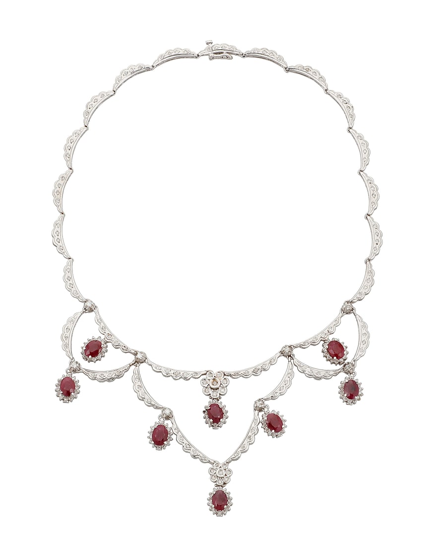 A 14K White Gold, Ruby and Diamond Necklace Of a scalloped motif centering oval rubies weighing (1 of 3)