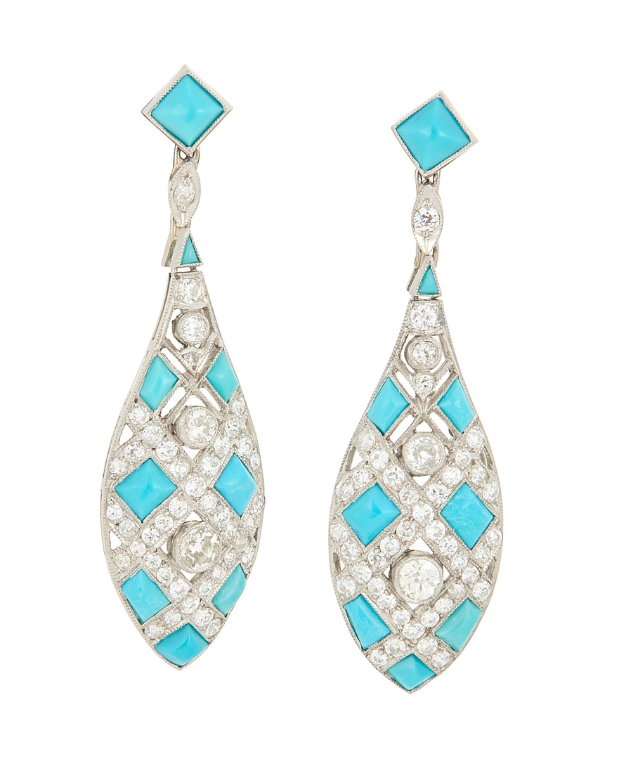 A Pair of Platinum, Turquoise and Diamond Earrings Of a lattice design set with turquoise: A Pair of Platinum, Turquoise and Diamond Earrings Of a lattice design set with turquoise cabochons, accented by round and old European-cut diamonds weighing approximately 2.30 carats 2 pieces Measure