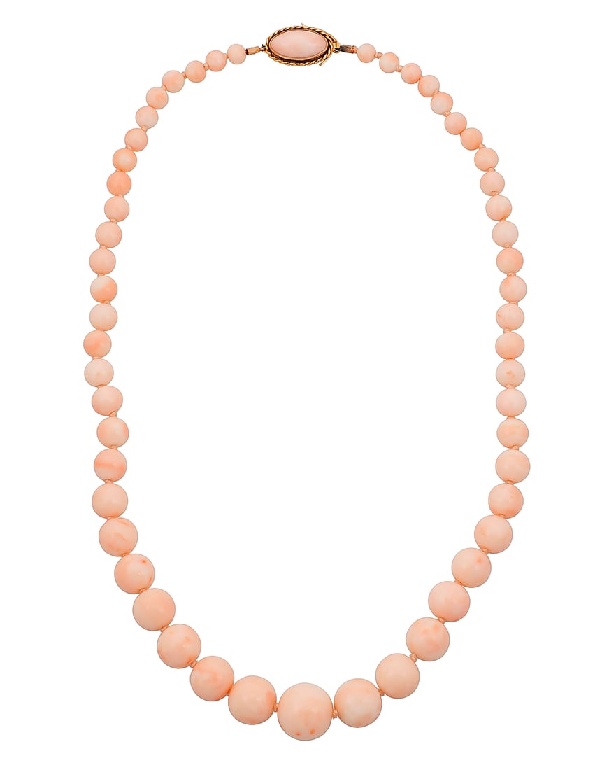 An 18K Gold and Coral Necklace Of a single strand design featuring graduated round coral beads (1 of 3)