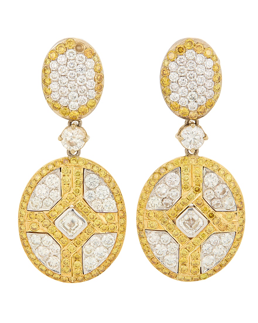 A Pair of 18K Bi-Color Gold, Colored Diamond and Diamond Earrings Suspending oval frames centering (1 of 3)