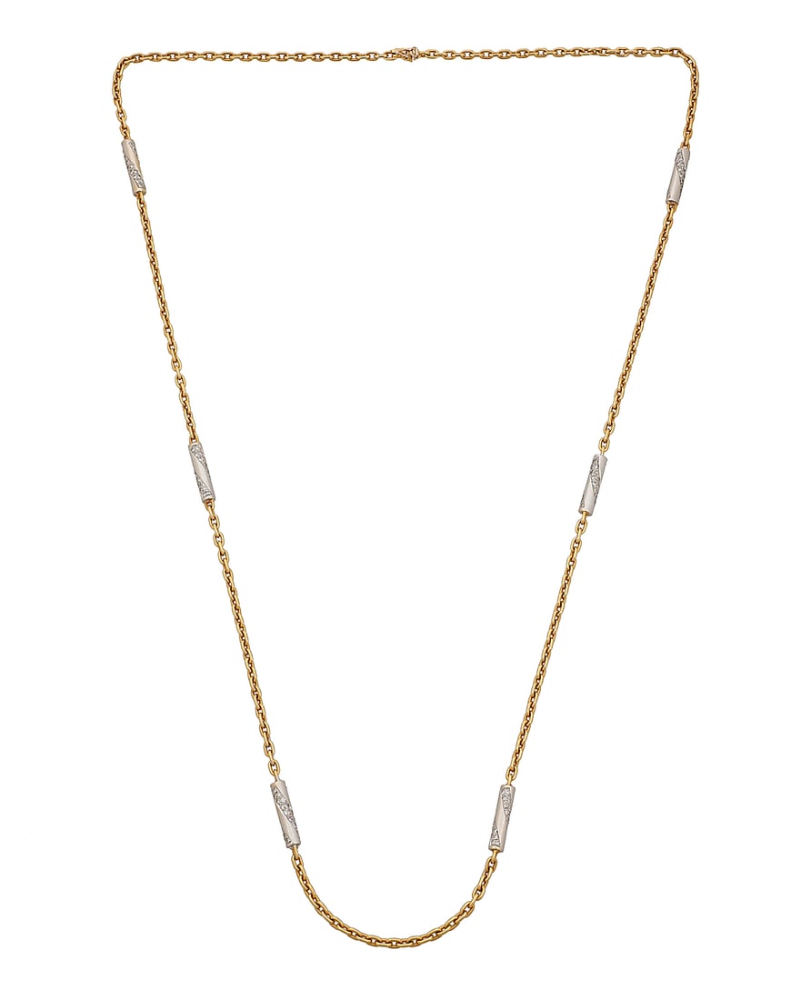 Faraone: An 18K Bi-Color Gold and Diamond Necklace Of a yellow gold open link design featuring: Faraone: An 18K Bi-Color Gold and Diamond Necklace Of a yellow gold open link design featuring white gold bar stations accented by single-cut diamonds weighing approximately 4.30 carats, signed Faraon