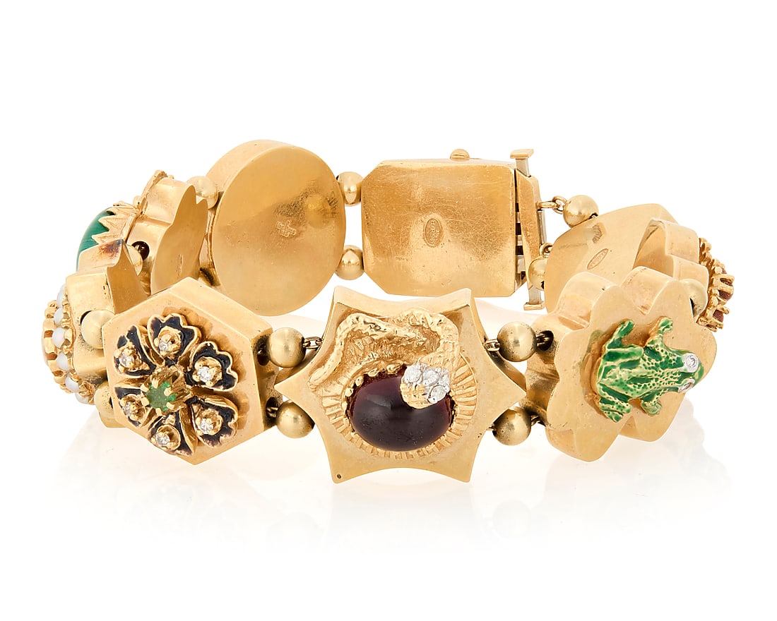 A 14K Gold, Gem-Set and Diamond Slide Bracelet Featuring nine slide links with snake, ladybug, (1 of 3)