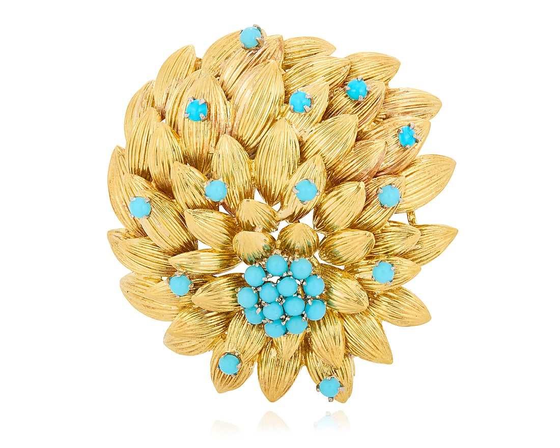 An 18K Gold and Turquoise Glass Brooch Of a floral design featuring textured overlapping leaves (1 of 4)