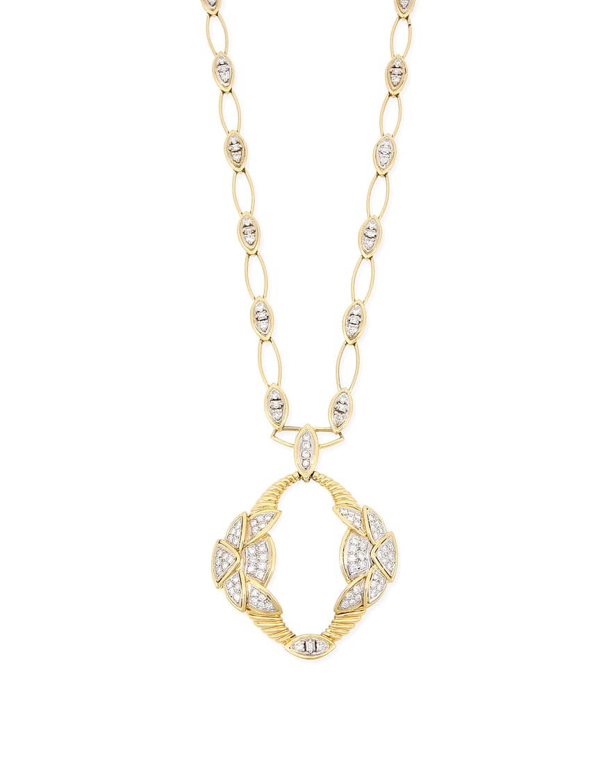 An 18K Bi-Color Gold and Diamond Pendant Necklace Featuring an open link chain suspending a (1 of 4)