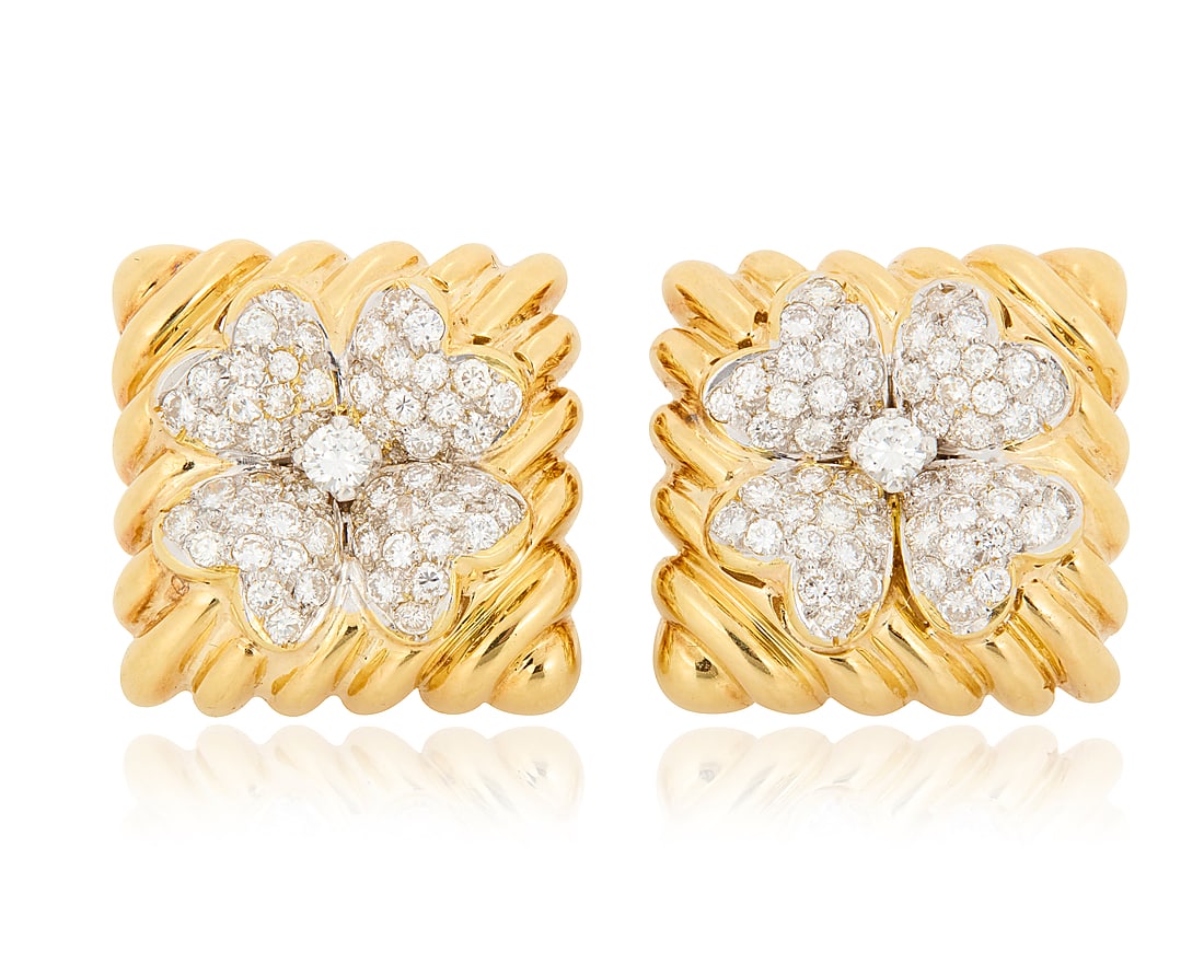 David Webb: A Pair of 18K Bi-Color Gold and Diamond Earrings Featuring a high polish yellow gold (1 of 3)