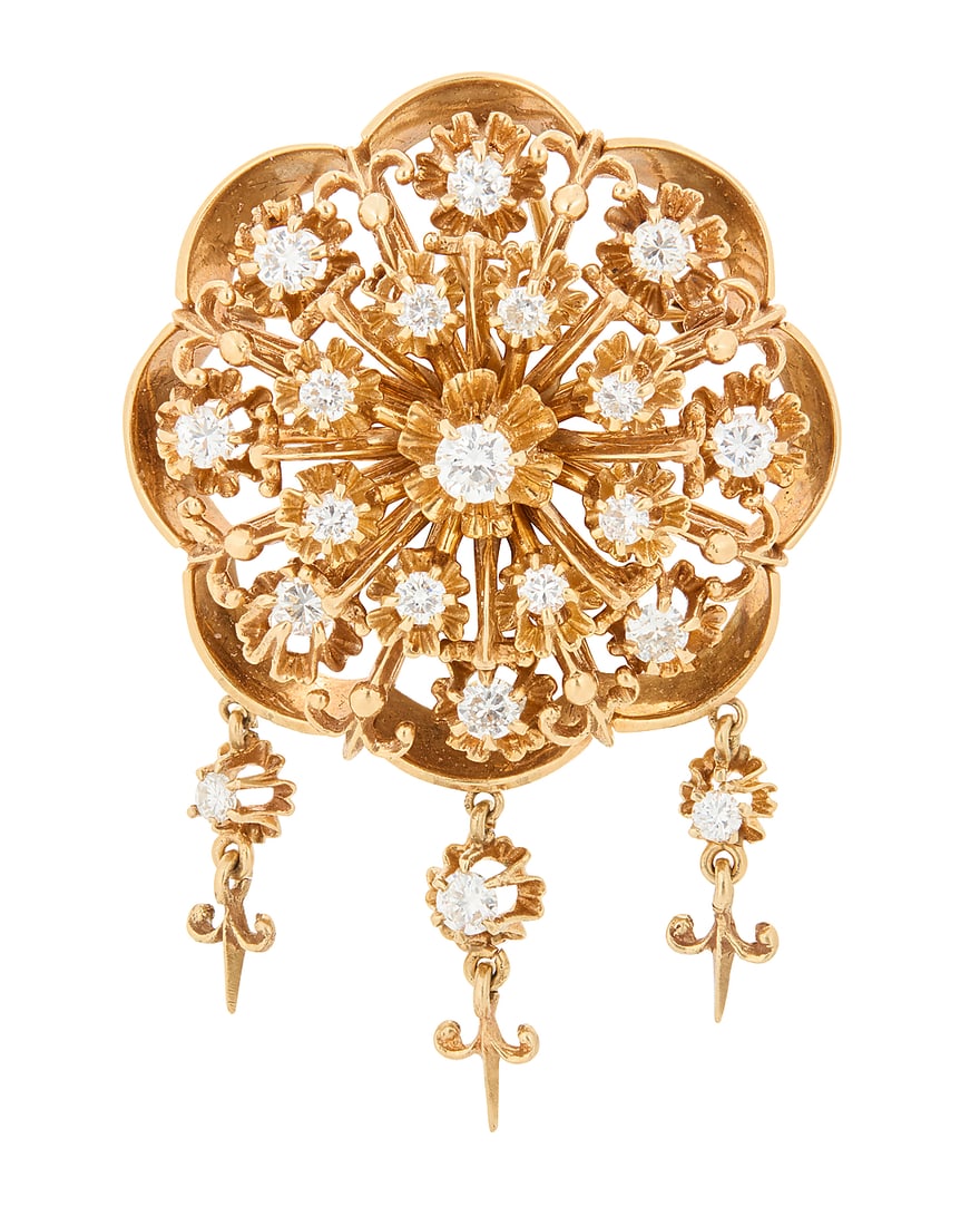 A 14K Gold and Diamond Brooch Of an open floral motif, set with round diamonds weighing: A 14K Gold and Diamond Brooch Of an open floral motif, set with round diamonds weighing approximately 1.20 carats, signed PS Measures: 1 1/4 in. 19.3 grams gross