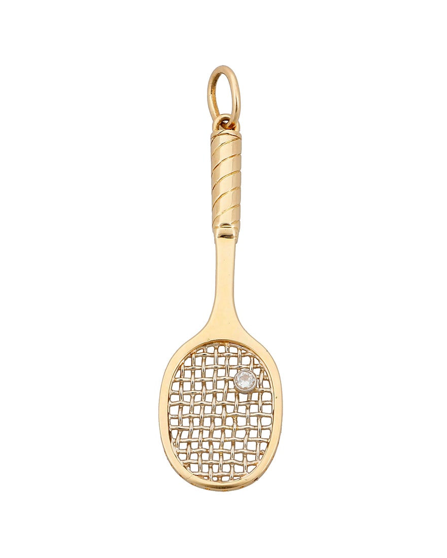 An 18K Gold and Diamond Pendant Of a tennis racquet design featuring a single round diamond: An 18K Gold and Diamond Pendant Of a tennis racquet design featuring a single round diamond Measures: 3 x 7/8 in. 12.8 grams gross
