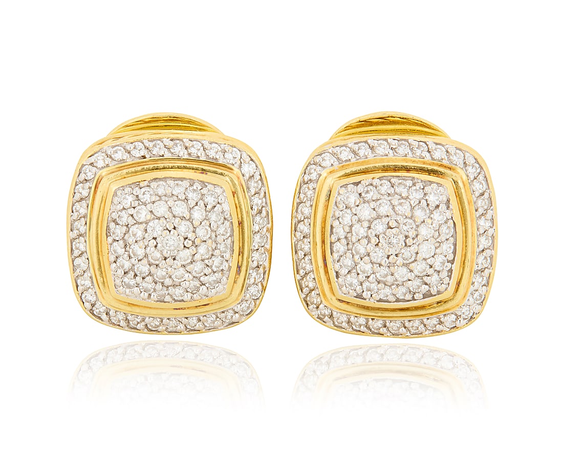 David Yurman: A Pair of 18K Gold and Diamond Earrings Of a cushion design accented by pave-set: David Yurman: A Pair of 18K Gold and Diamond Earrings Of a cushion design accented by pave-set round diamond weighing approximately 2.15 carats, finished with a rope trim, signed D.Y. 2 pieces Measure