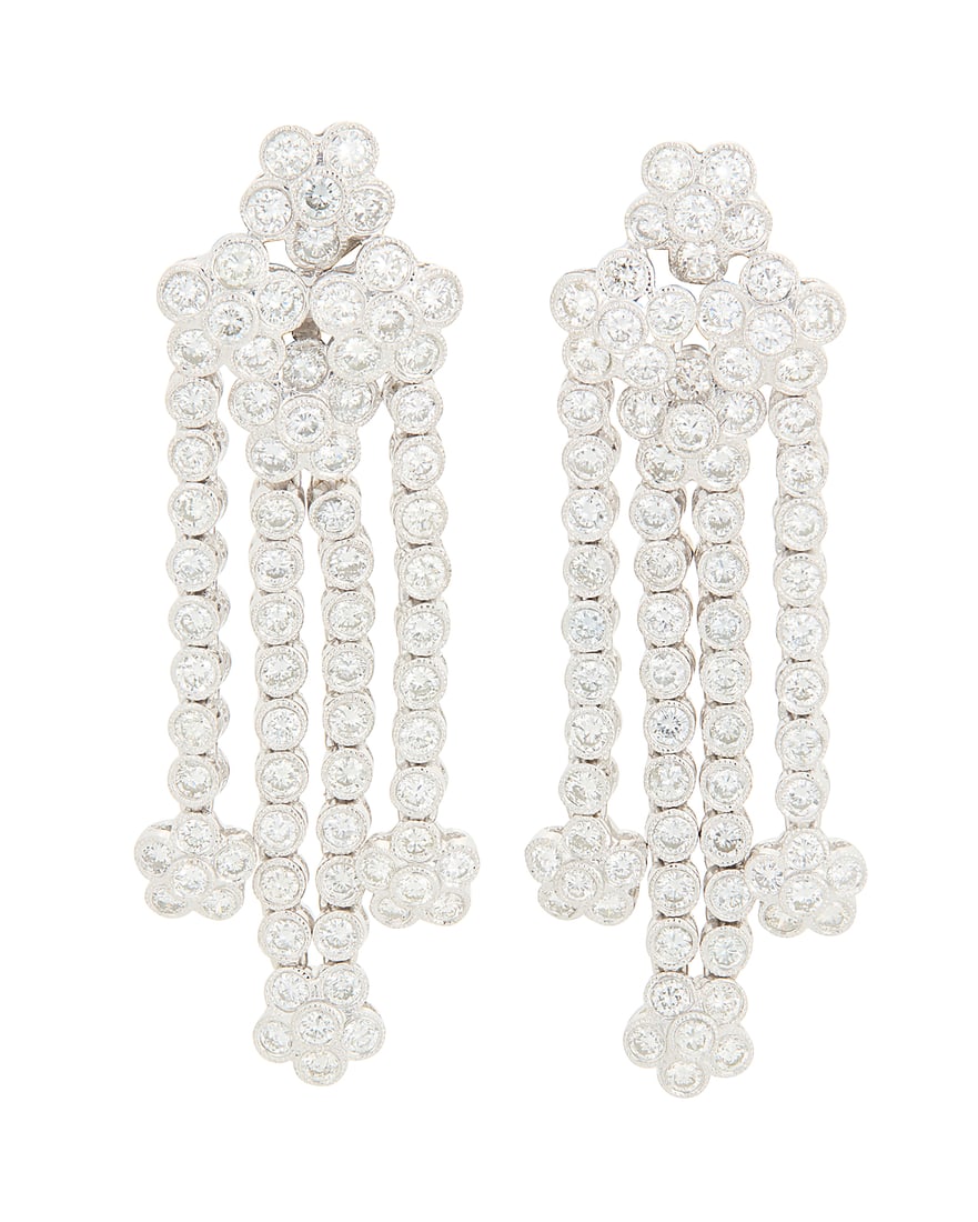 A Pair of 18K White Gold and Round Diamond Earrings Featuring floral motifs suspending cascading (1 of 3)