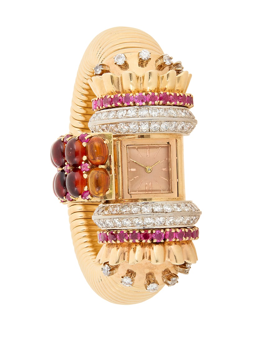 A Retro 14K Gold and Citrine Surprise Watch Featuring a tubogas bracelet centering a bow style (1 of 5)