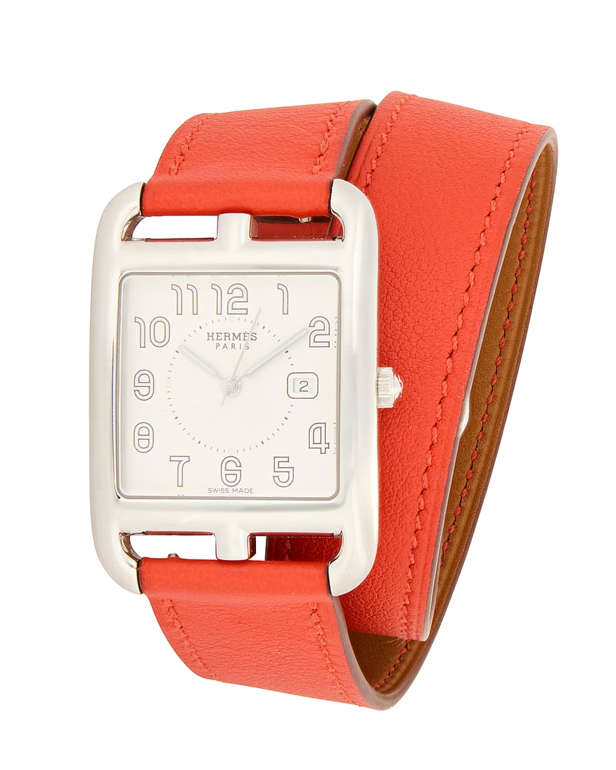 Hermes; A Stainless-Steel 'Cape Cod' Watch Dial: 21.50 mm, rectangular with Arabic hour markers: Hermes; A Stainless-Steel 'Cape Cod' Watch Dial: 21.50 mm, rectangular with Arabic hour markers Case: 30.00 mm Case number: 3266450, CC2.710 Closure: including a red and black strap with stainless buc