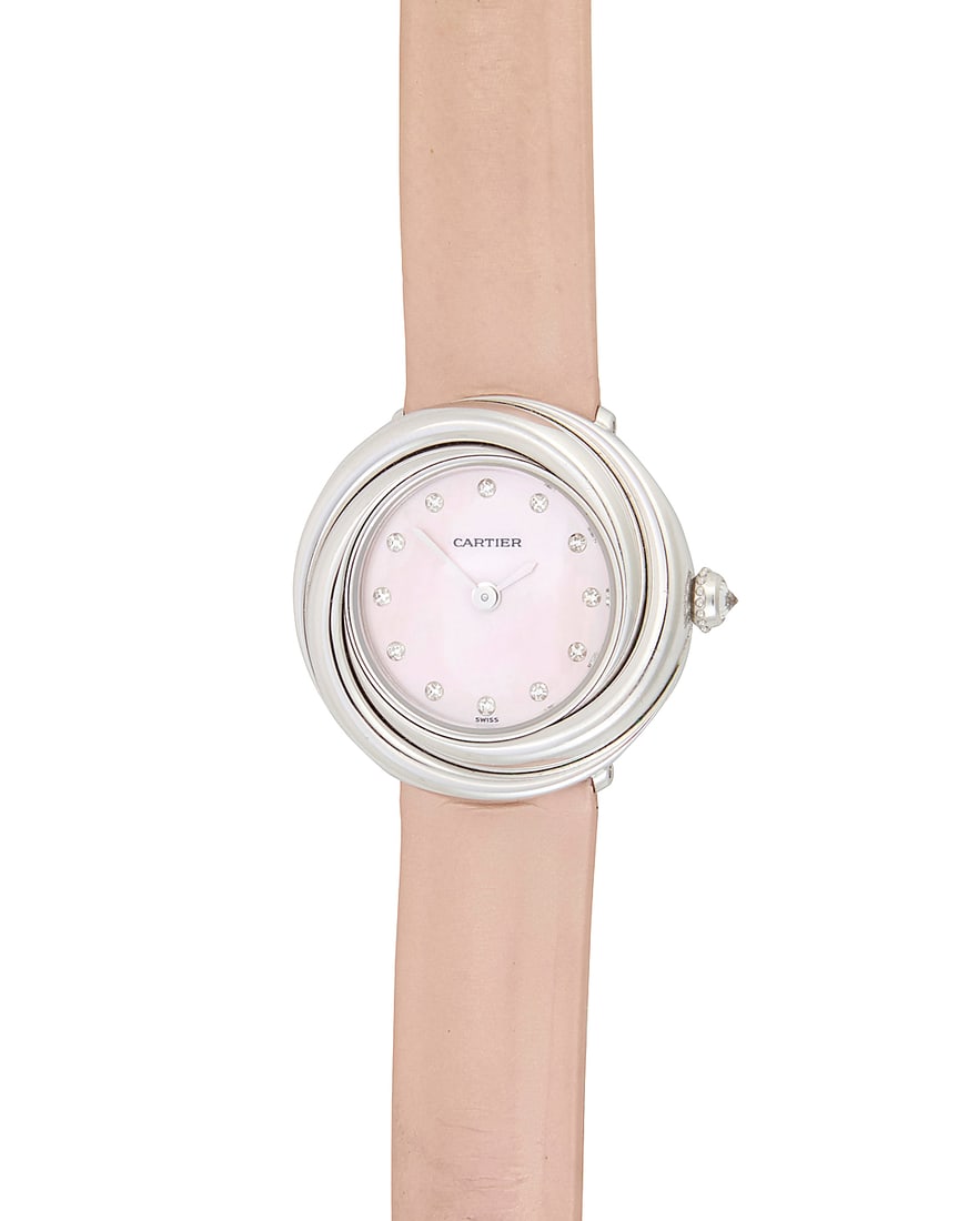 Cartier: An 18K White Gold and Diamond 'Trinity' Watch Dial: 17.25 mm, round pink mother-of-pearl: Cartier: An 18K White Gold and Diamond 'Trinity' Watch Dial: 17.25 mm, round pink mother-of-pearl dial with diamond set hour markers Case: 28.00 mm Case number: 71662CD Closure: pink leather strap wit