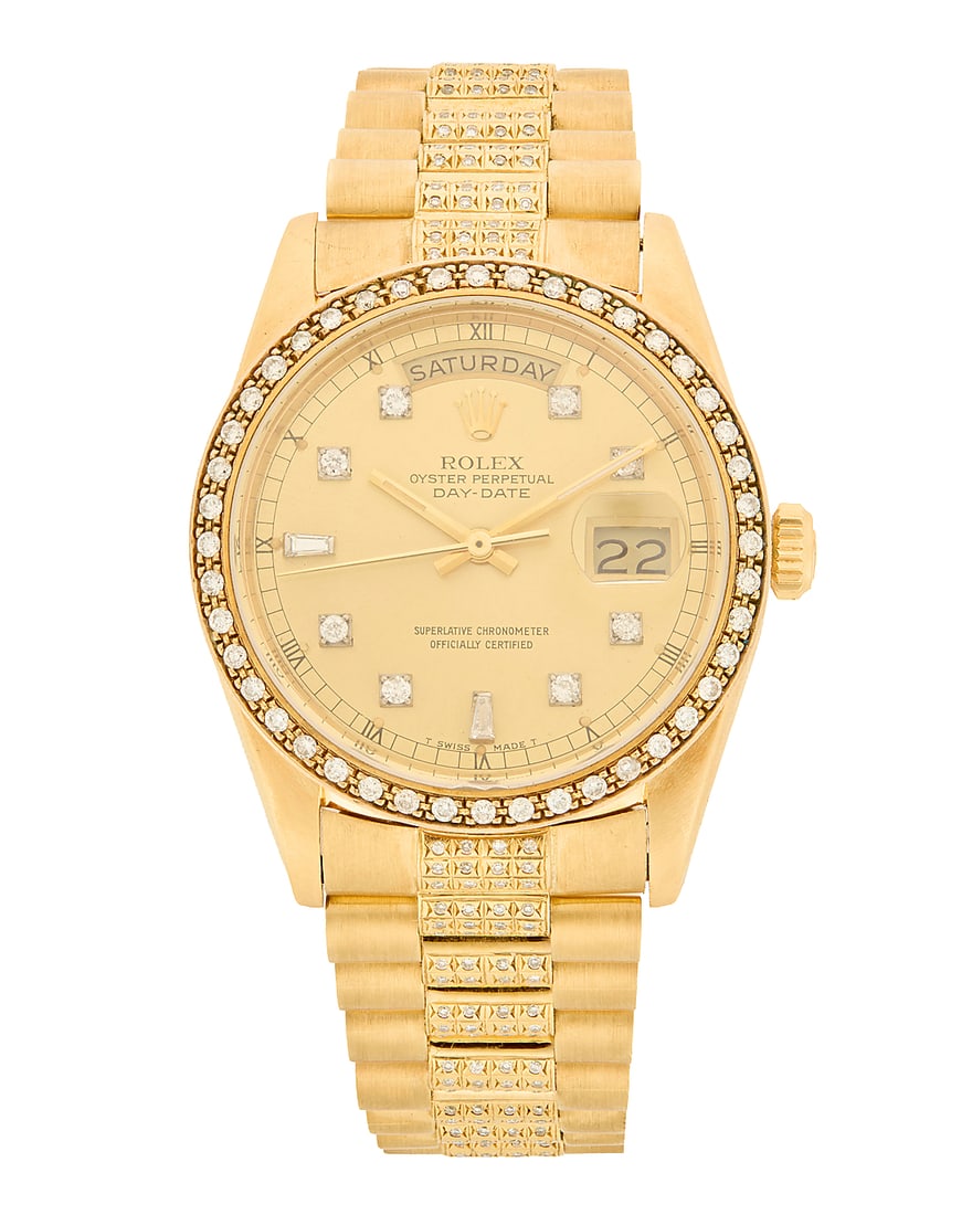 Rolex: An 18K Gold and Diamond 'Oyster Perpetual Datejust' Watch Dial: 28.00 mm, round with baton (1 of 4)