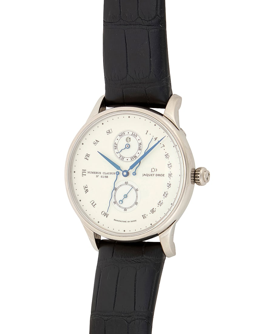 Jaquet Droz: An 18K White Gold 'Astrale Perpetual Calendar' Watch Dial: 37.00, round with dot hour: Jaquet Droz: An 18K White Gold 'Astrale Perpetual Calendar' Watch Dial: 37.00, round with dot hour markers Case: 42.00 mm Case number: L008334202, 61/88 Closure: black leather strap with an 18k white 