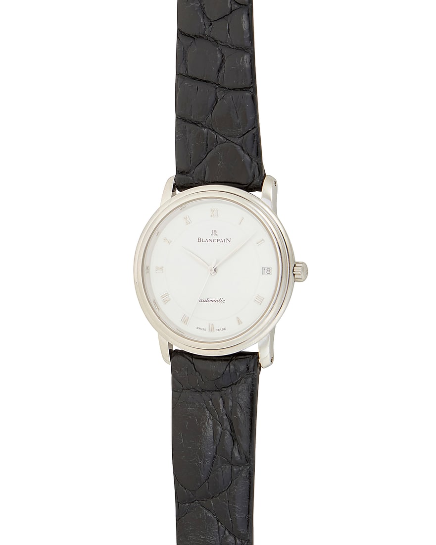 Blancpain: A Platinum 'Villeret' Watch Dial: 28.00 mm, round white dial with Roman numeral hour: Blancpain: A Platinum 'Villeret' Watch Dial: 28.00 mm, round white dial with Roman numeral hour markers Case: 35.00 mm Case number: no.21 Closure: black leather strap with metal buckle clasp Signed: d
