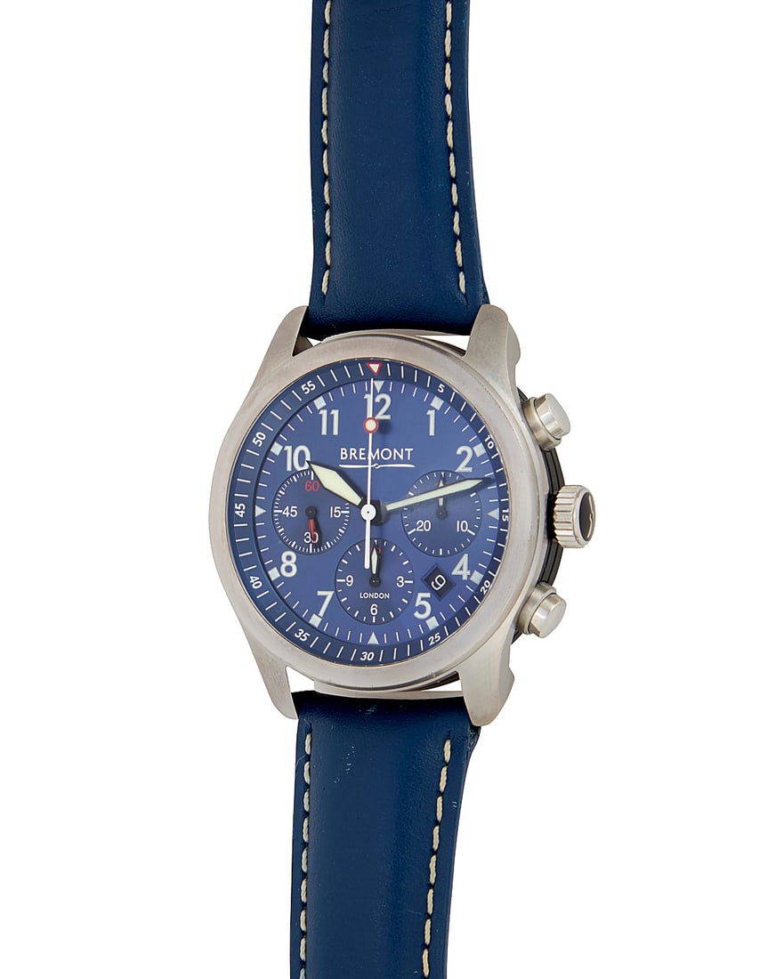 Bremont: A Stainless-Steel 'ALT1-P' Watch Dial: 35.00 mm, round blue dial with Panerai hour: Bremont: A Stainless-Steel 'ALT1-P' Watch Dial: 35.00 mm, round blue dial with Panerai hour markers, with three subsidiary dials Model: Chronograph Case: 40.00 mm Case number: 113047 Closure: dark and