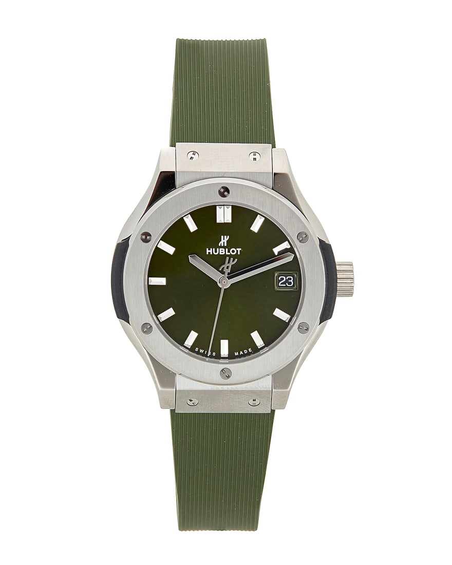 Hublot: A Stainless-Steel 'Classic Fusion' Watch Dial: 22.50 mm, round titanium green dial with: Hublot: A Stainless-Steel 'Classic Fusion' Watch Dial: 22.50 mm, round titanium green dial with baton hour markers Case: 30.00 mm Case number: 1661667 Closure: rubber bracelet with deployment clasp Si