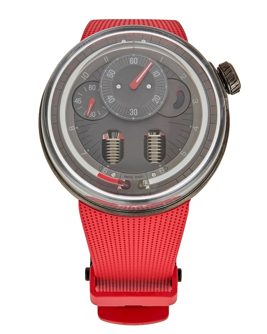 HYT: A Gun Metal 'HO' Watch Dial: 42.00 mm, round gun metal dial with Arabic hour markers Case:: HYT: A Gun Metal 'HO' Watch Dial: 42.00 mm, round gun metal dial with Arabic hour markers Case: 48.00 mmm Case number: 266 Closure: red rubber strap with titanium deployment clasp Signed: dial, case a