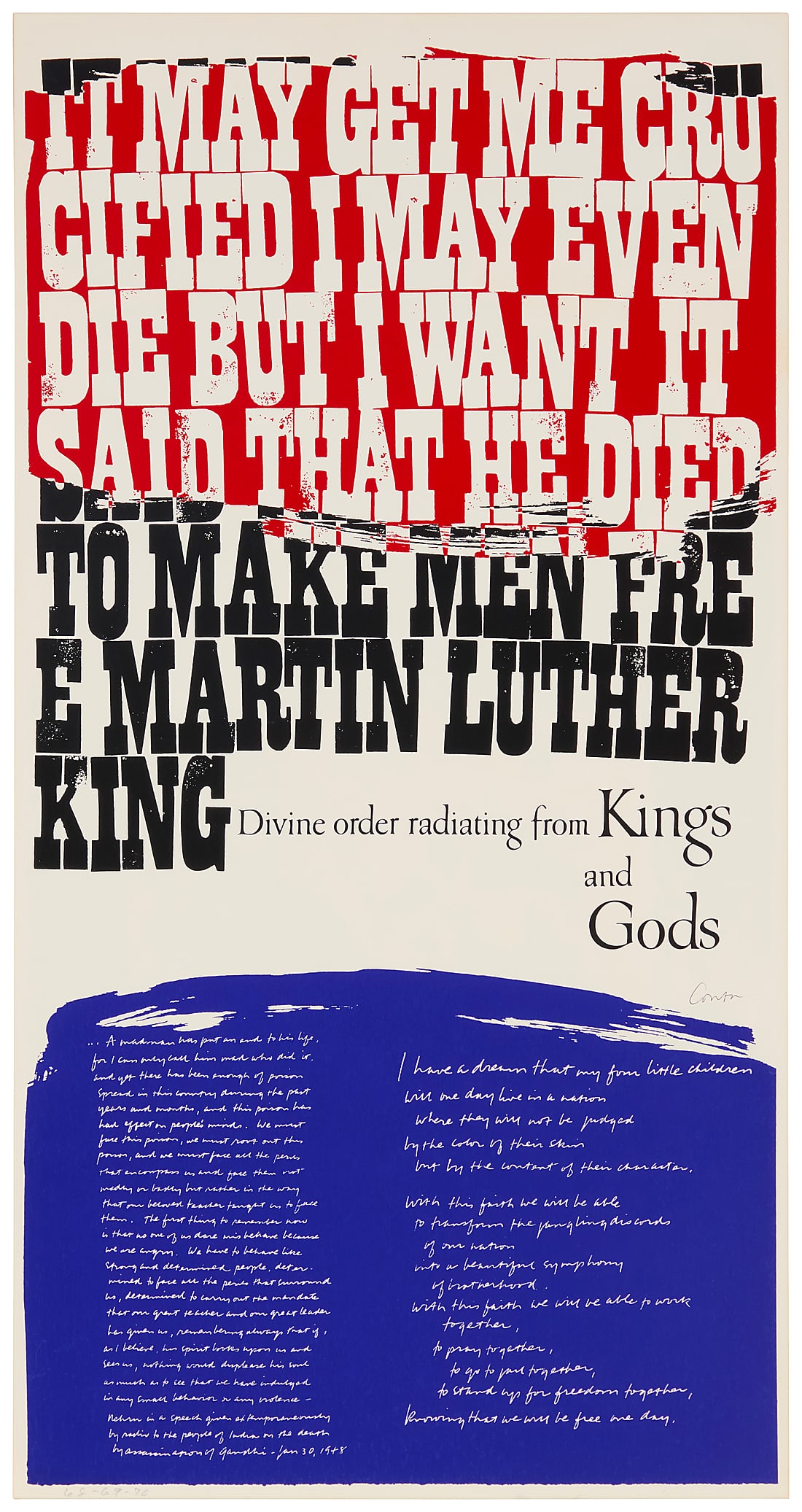 Corita (Sister Mary) Kent (1918-1986), "King's Dream," one plate from "A Set Of Heroes And Sheroes,": Corita (Sister Mary) Kent (1918-1986) "King's Dream," one plate from "A Set Of Heroes And Sheroes," 1968/69 Screenprint in colors on paper From the edition of unknown size Signed in ink lower right: