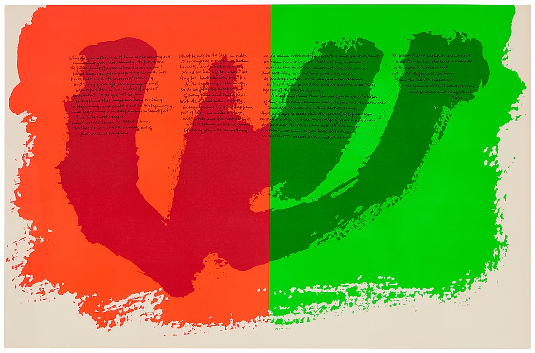 Corita (Sister Mary) Kent (1918-1986), "Why do you not think of him as the coming one...," 1973: Corita (Sister Mary) Kent (1918-1986) "Why do you not think of him as the coming one...," 1973 Screenprint in colors on wove paper From the edition of unknown size Signed in pencil lower right: Corita