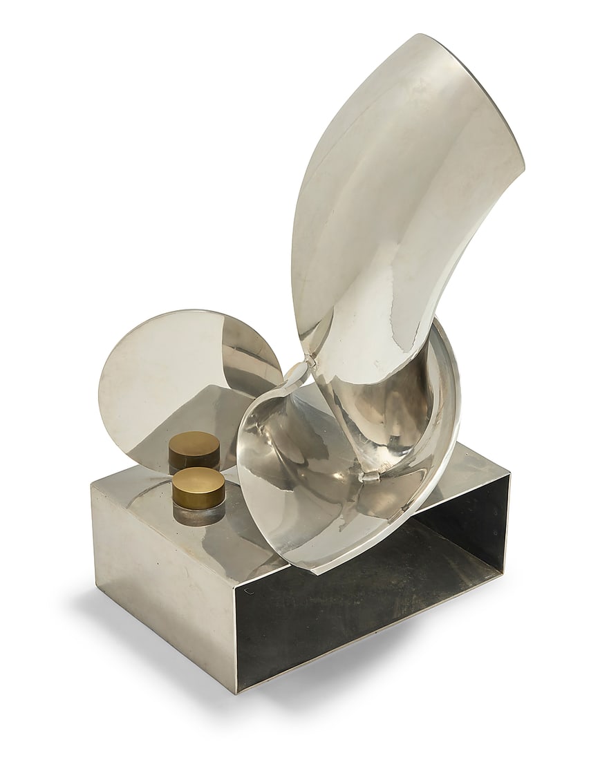 Betty Younger (1932-2019) Untitled High-grade stainless steel and brass on enameled metal: Betty Younger (1932-2019) Untitled High-grade stainless steel and brass on enameled metal cylinder plinth Unmarked Height 27 1/2 in., width 18 1/4 in., depth 15 1/4 in.; height of base 18 3/8 in., dia