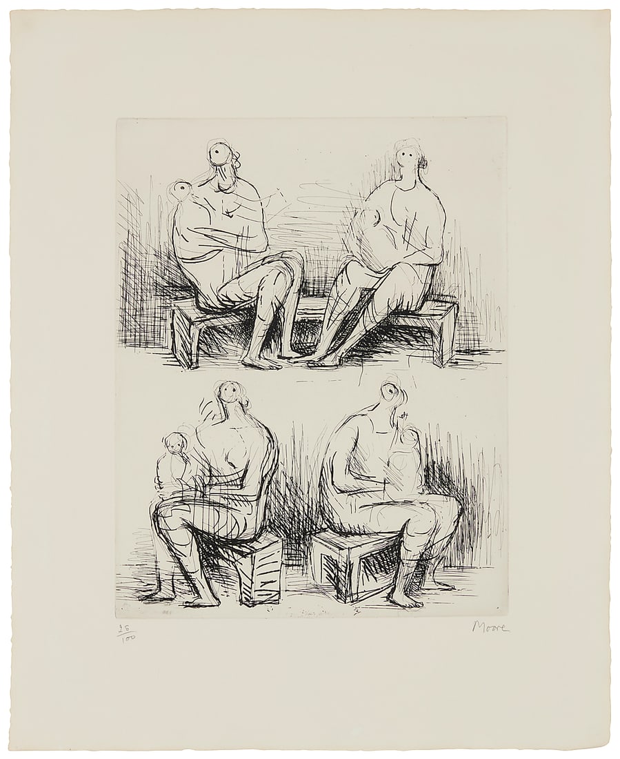 Henry Moore (1898-1986) "Four Mothers," 1971-1972 Etching on wove paper Edition: 25/100 Signed: Henry Moore (1898-1986) "Four Mothers," 1971-1972 Etching on wove paper Edition: 25/100 Signed and numbered in pencil in the lower margin: Moore; Atelier Lacourière et Frélaut, Paris, prntr.; Christ