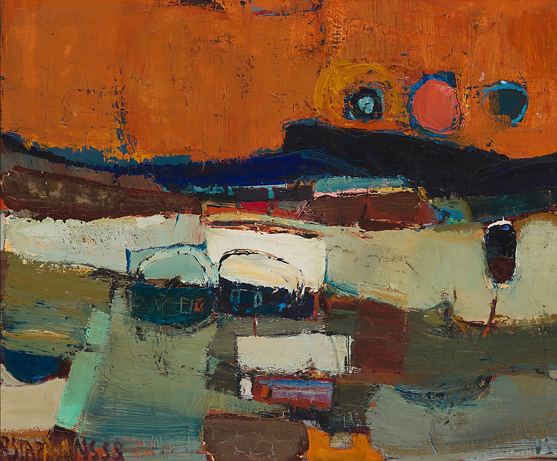 Raimonds Staprans (1926-2026) Boats in a sunset harbor, 1958 Oil on canvas Signed and dated (1 of 6)