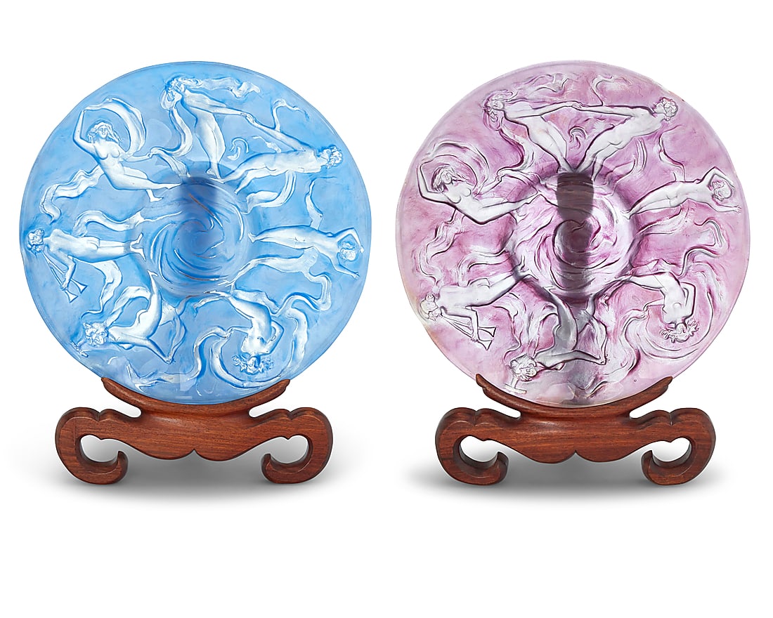 A pair of Phoenix Consolidated Glass 'Dancing Nymphs' chargers from the Martelé line Late (1 of 5)
