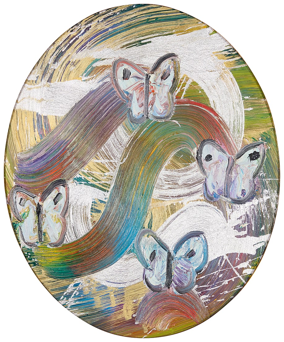 Hunt Slonem (b. 1951) "Tondo Totem," 2020 Oil and metallic pigments on panel Signed, titled, (1 of 6)