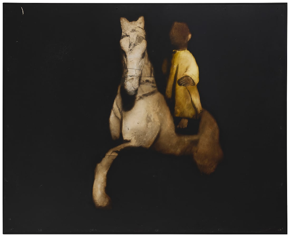 Todd Murphy (1962-2020) "Horse and rider," 1995 Pictocollage and oil on canvas with painted: Todd Murphy (1962-2020) "Horse and rider," 1995 Pictocollage and oil on canvas with painted Plexiglas and screws Appears unsigned; titled and dated on the sales invoice 48 1/4 x 60 in. Provenance:
